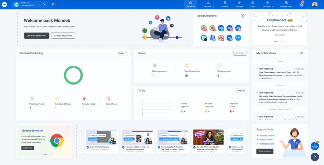 ContentStudio workspace dashboard.