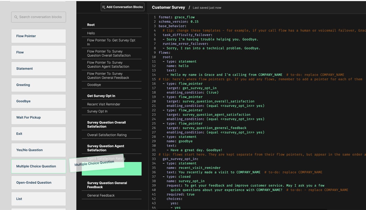 Gridspace is a generative AI company that focuses on contact center and customer service support solutions. This screenshot shows how users can customize virtual customer service agents.