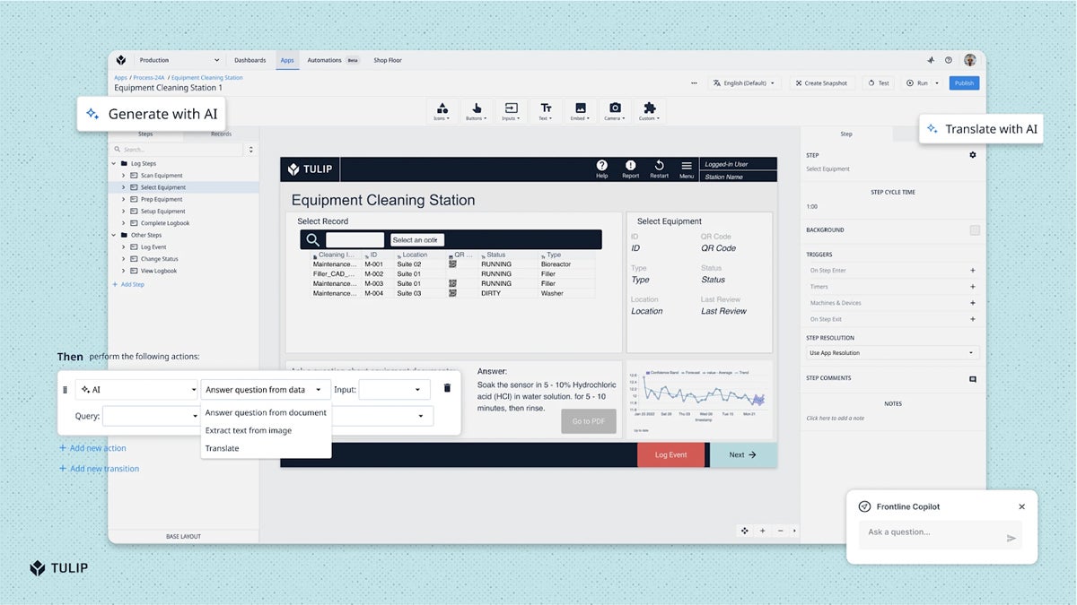 A screenshot of Tulip’s latest release, an AI assistant called Frontline Copilot. It is designed to help managers, engineers, and frontline workers do safer and more efficient manufacturing work.