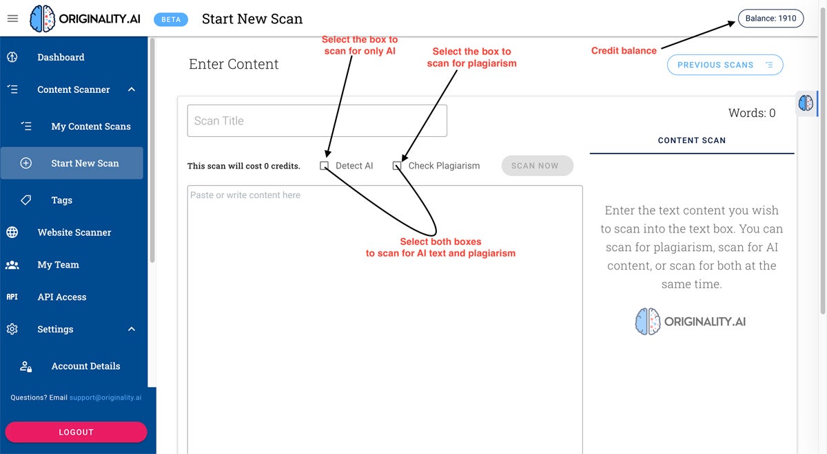 Originality AI scan area key capability view.