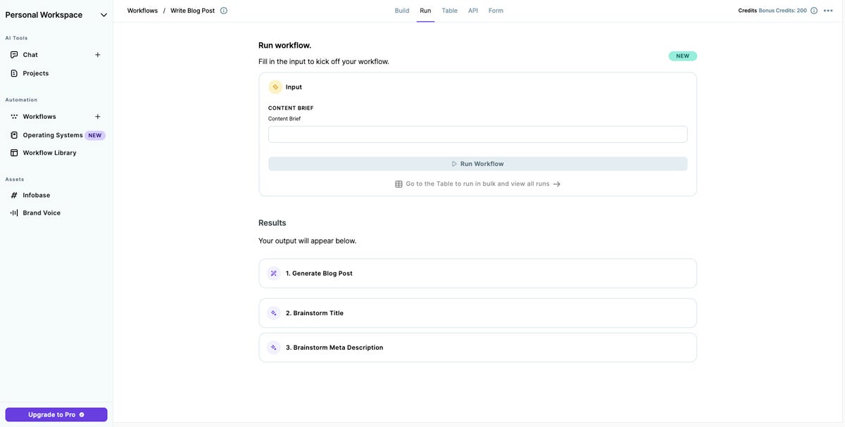 Copy AI blog post workflow dashboard.