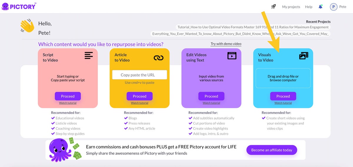 PictoryAI user dashboard view.