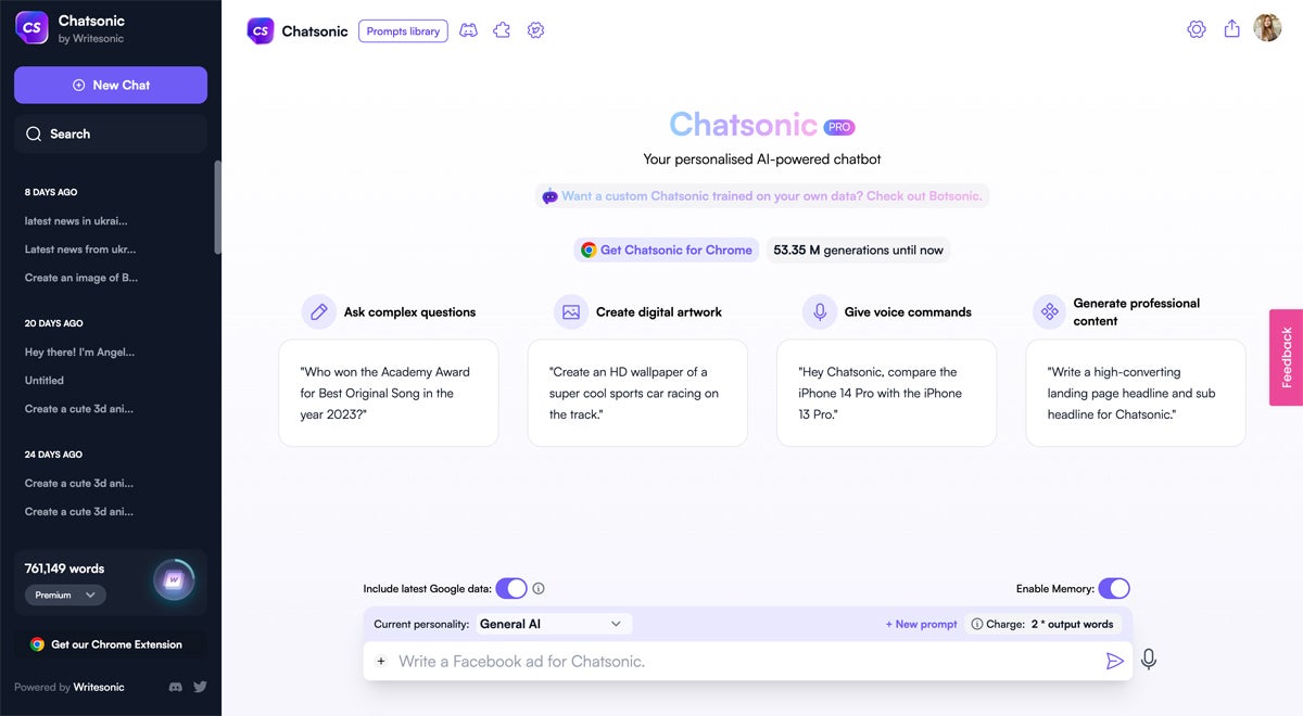 Writesonic’s Chatsonic interface.