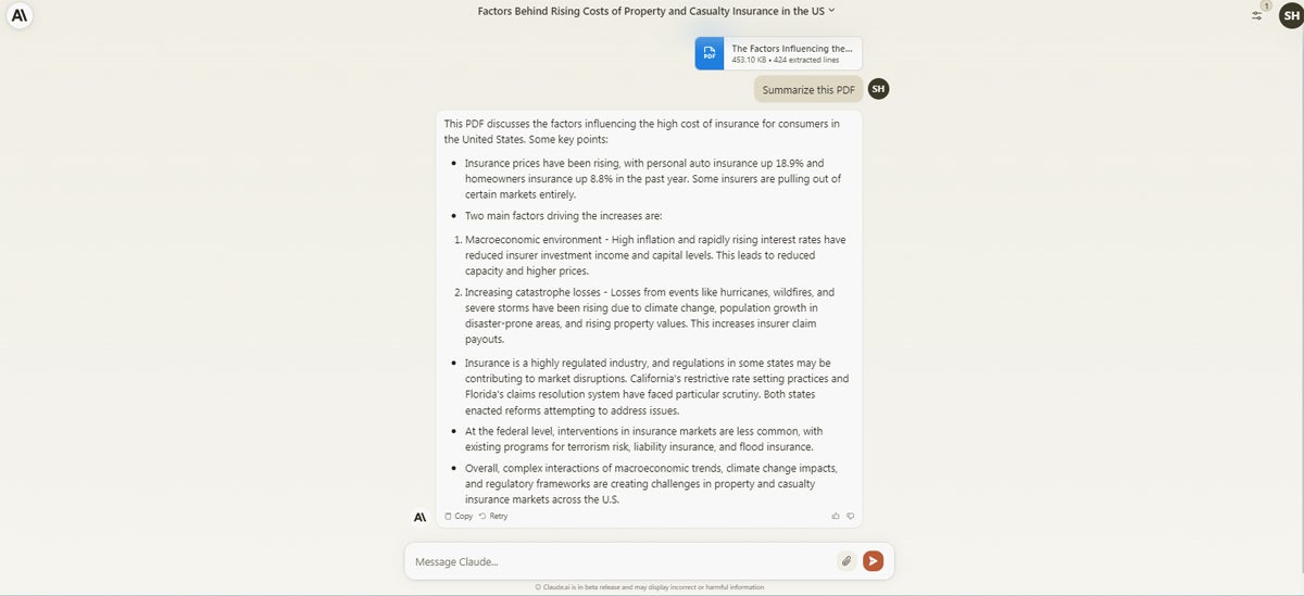 In this exchange with Claude, I was able to attach a PDF and get the tool to accurately summarize the document's contents.