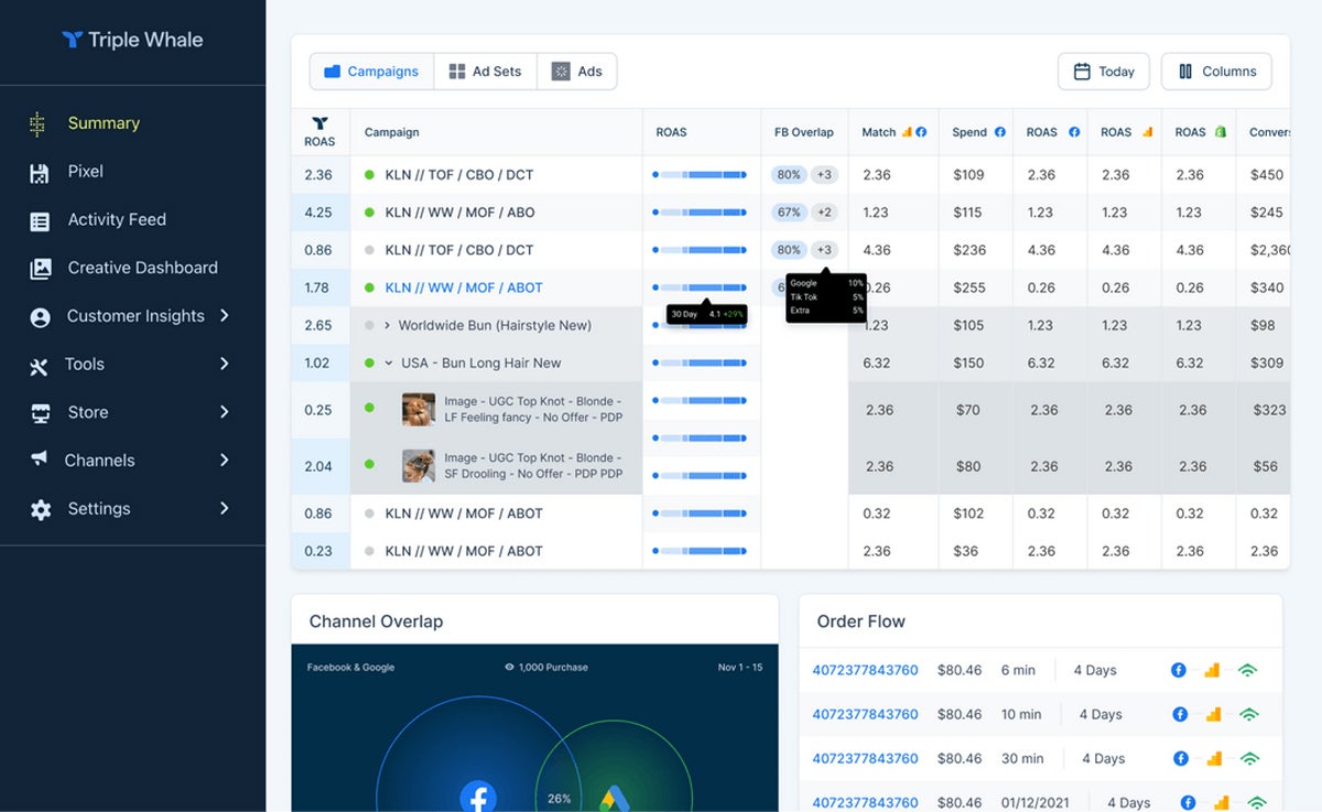 Triple Whale summary dashboard.