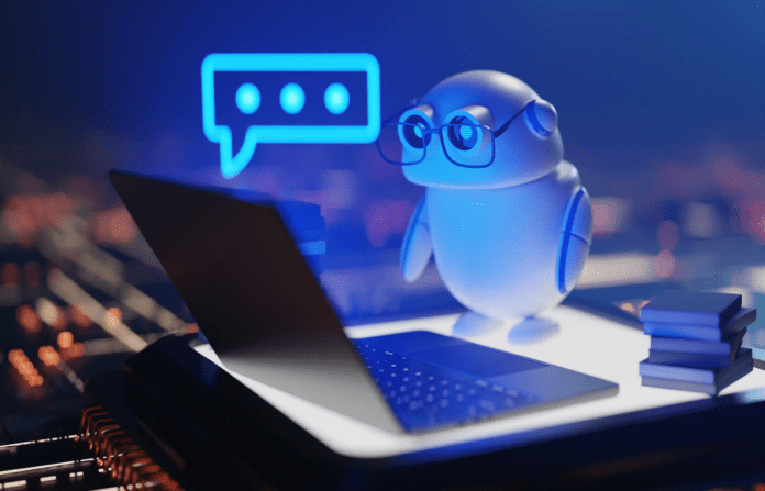 3D rendering of a conversational AI robot with speech bubble.