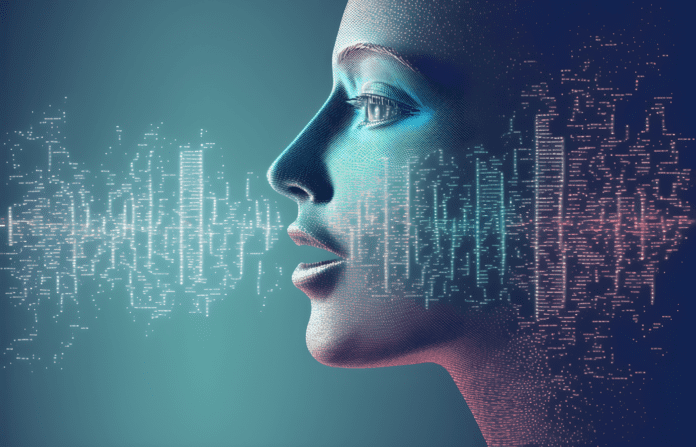 AI bot with sound wave patterns.