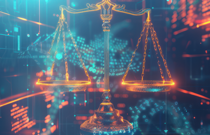 Scales of justice are juxtaposed against a futuristic blue data network background.