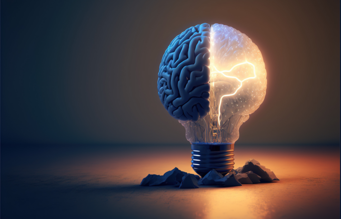 Creative idea with brain and light bulb illustration.